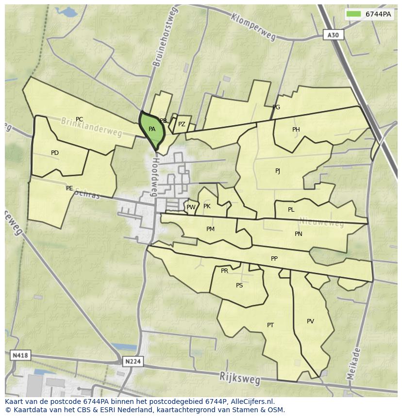 Afbeelding van het postcodegebied 6744 PA op de kaart.