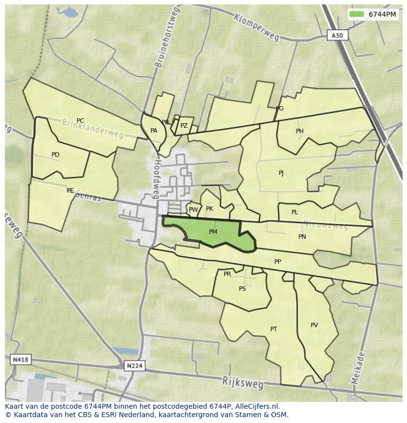 Afbeelding van het postcodegebied 6744 PM op de kaart.