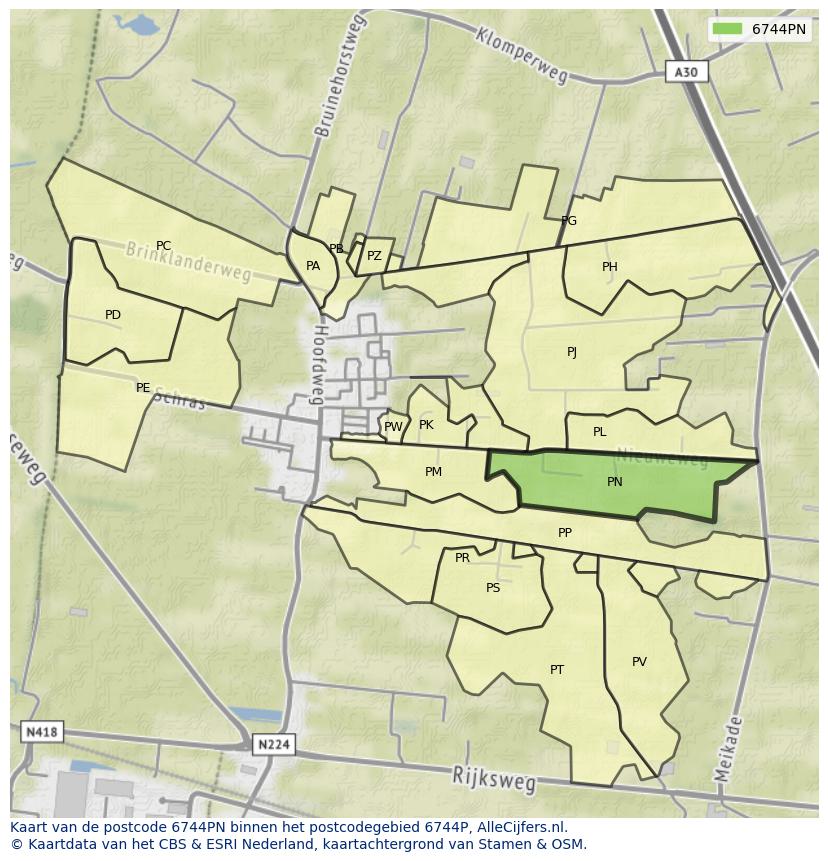 Afbeelding van het postcodegebied 6744 PN op de kaart.