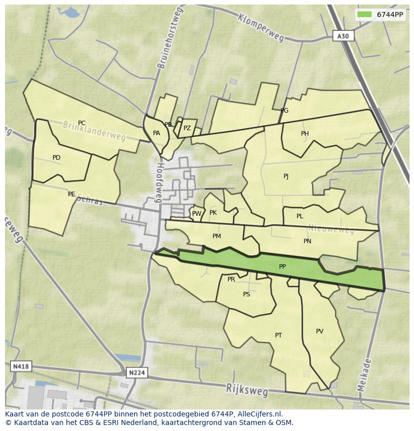 Afbeelding van het postcodegebied 6744 PP op de kaart.