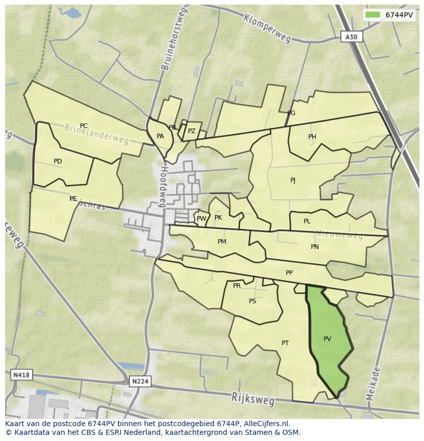 Afbeelding van het postcodegebied 6744 PV op de kaart.