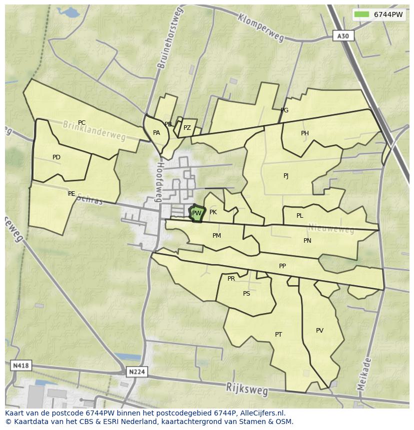 Afbeelding van het postcodegebied 6744 PW op de kaart.