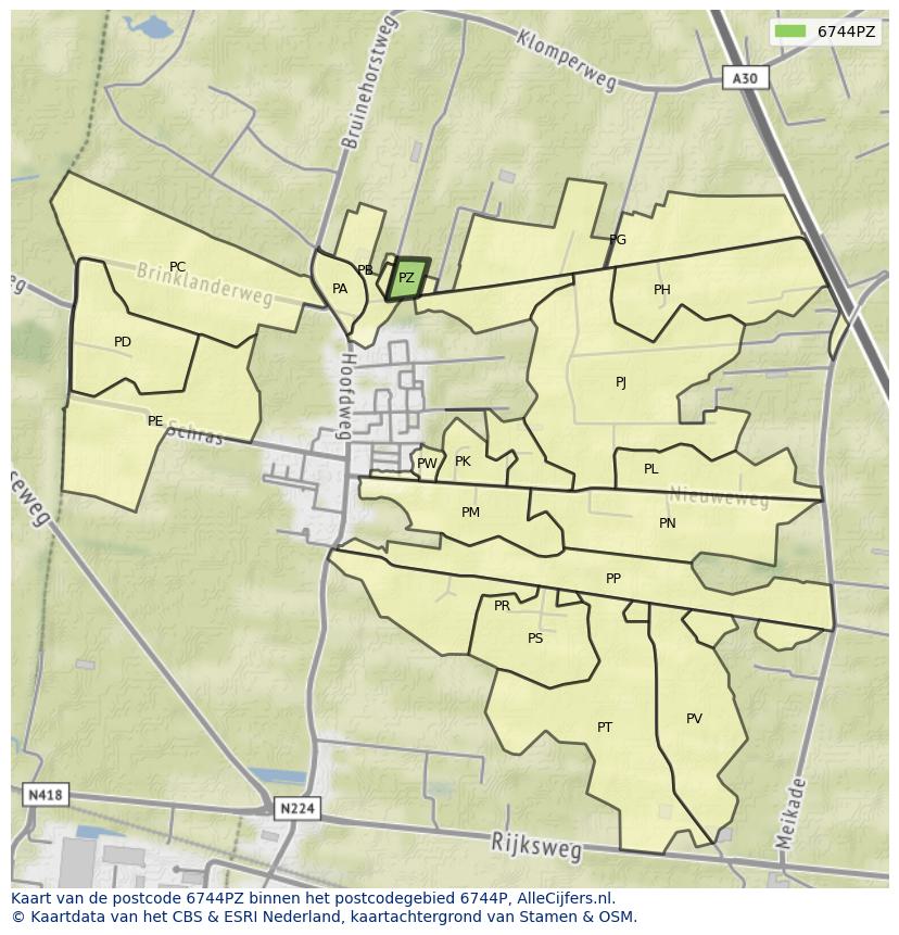 Afbeelding van het postcodegebied 6744 PZ op de kaart.