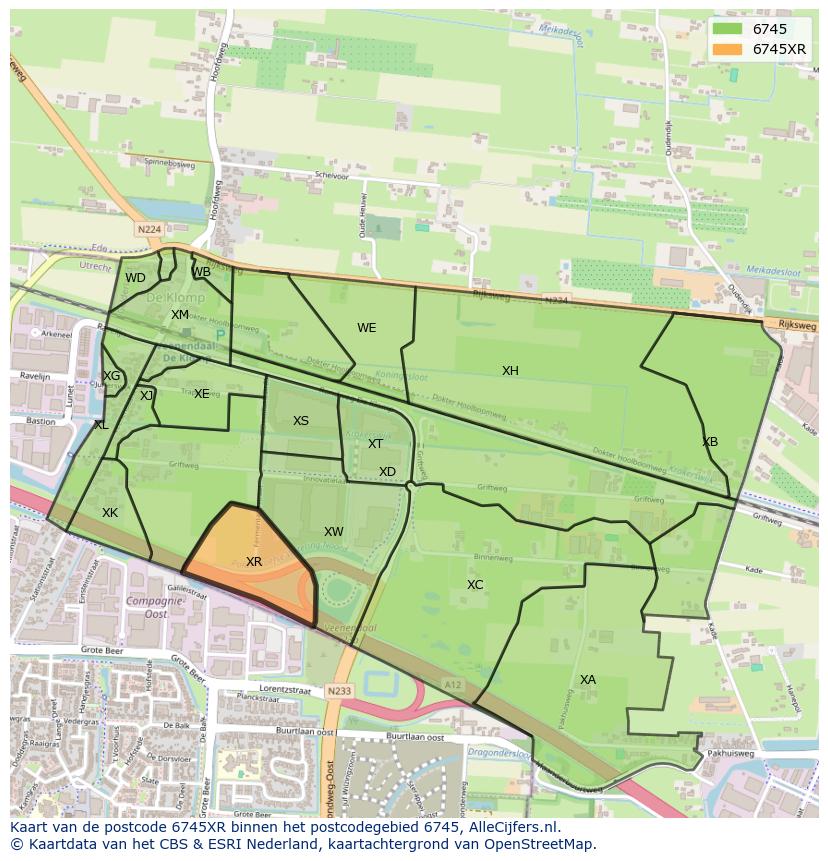 Afbeelding van het postcodegebied 6745 XR op de kaart.