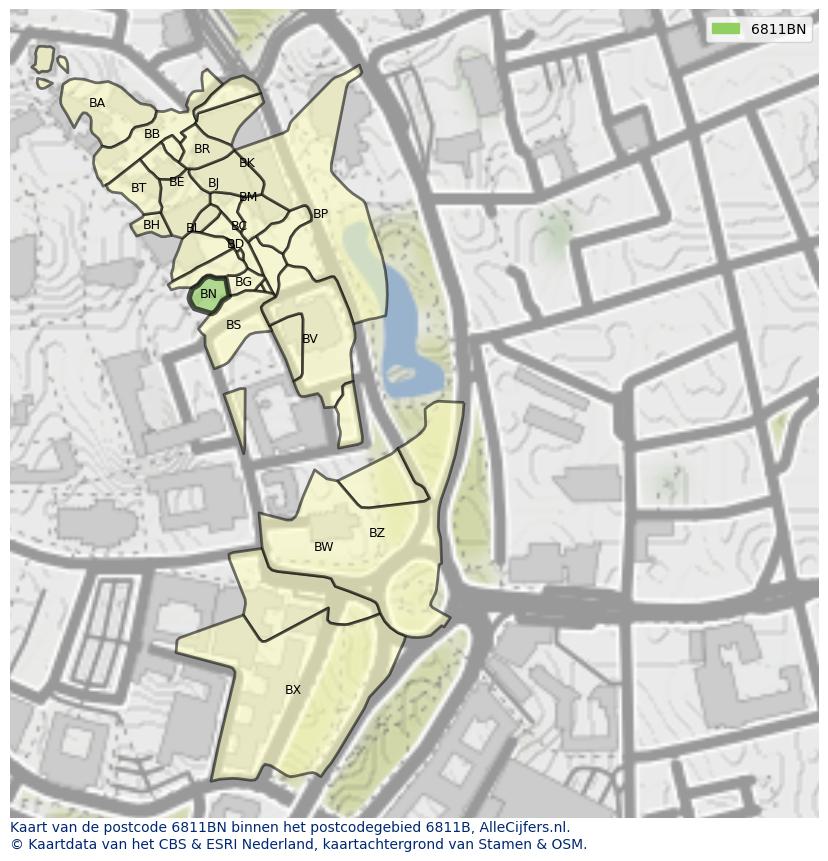 Afbeelding van het postcodegebied 6811 BN op de kaart.