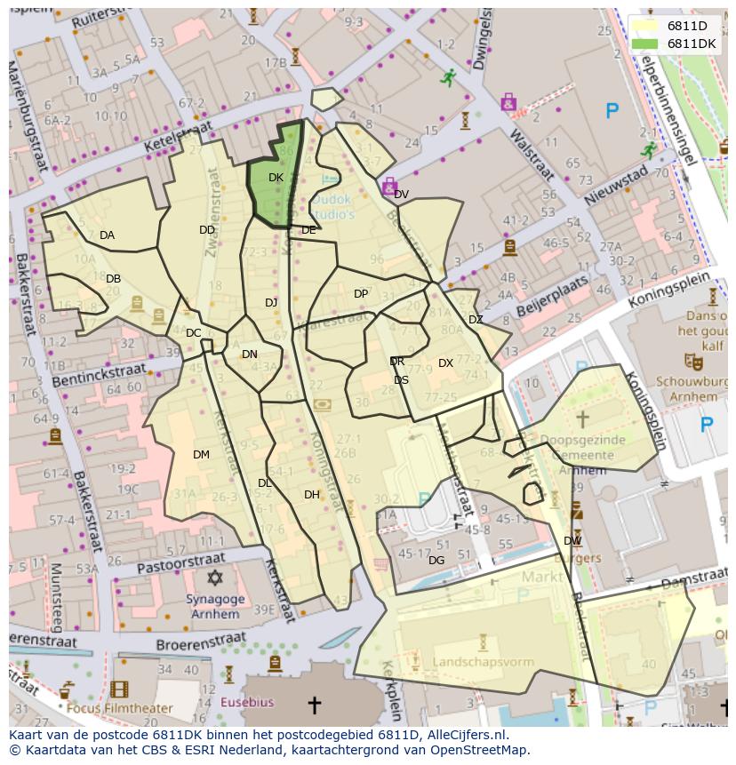 Afbeelding van het postcodegebied 6811 DK op de kaart.