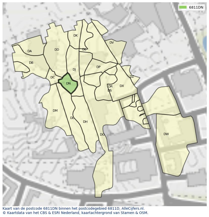 Afbeelding van het postcodegebied 6811 DN op de kaart.
