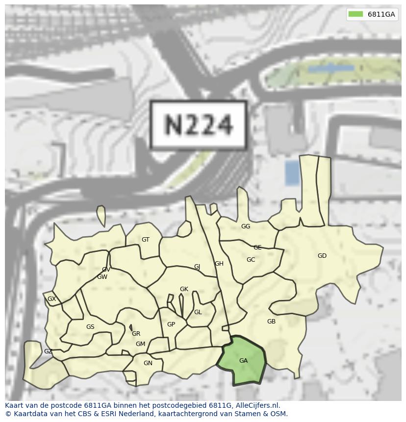 Afbeelding van het postcodegebied 6811 GA op de kaart.