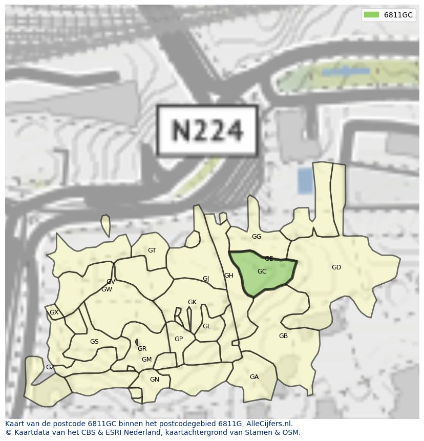Afbeelding van het postcodegebied 6811 GC op de kaart.