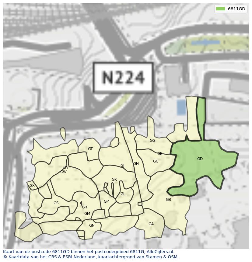 Afbeelding van het postcodegebied 6811 GD op de kaart.