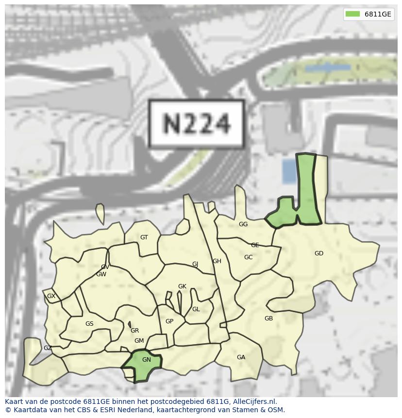 Afbeelding van het postcodegebied 6811 GE op de kaart.