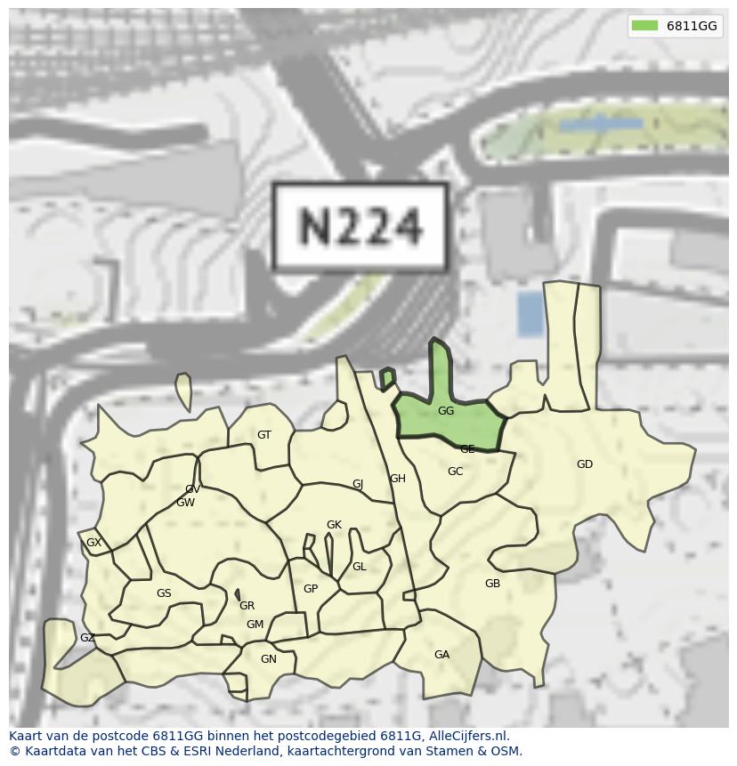Afbeelding van het postcodegebied 6811 GG op de kaart.
