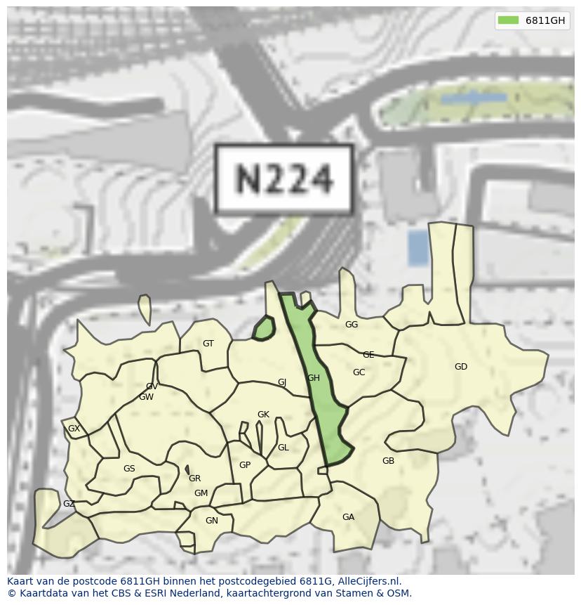 Afbeelding van het postcodegebied 6811 GH op de kaart.