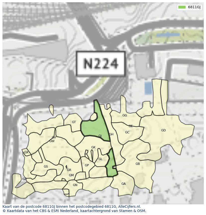Afbeelding van het postcodegebied 6811 GJ op de kaart.