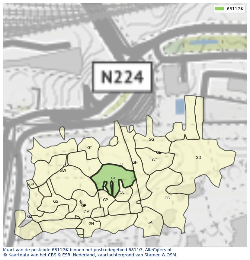 Afbeelding van het postcodegebied 6811 GK op de kaart.