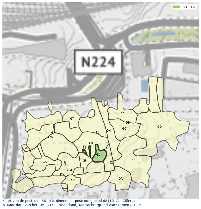 Afbeelding van het postcodegebied 6811 GL op de kaart.