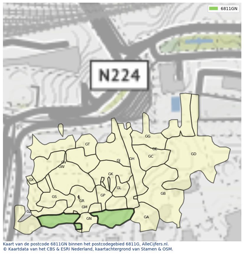 Afbeelding van het postcodegebied 6811 GN op de kaart.