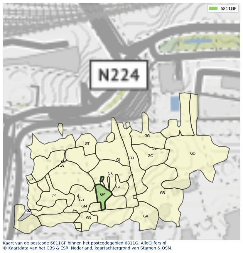 Afbeelding van het postcodegebied 6811 GP op de kaart.