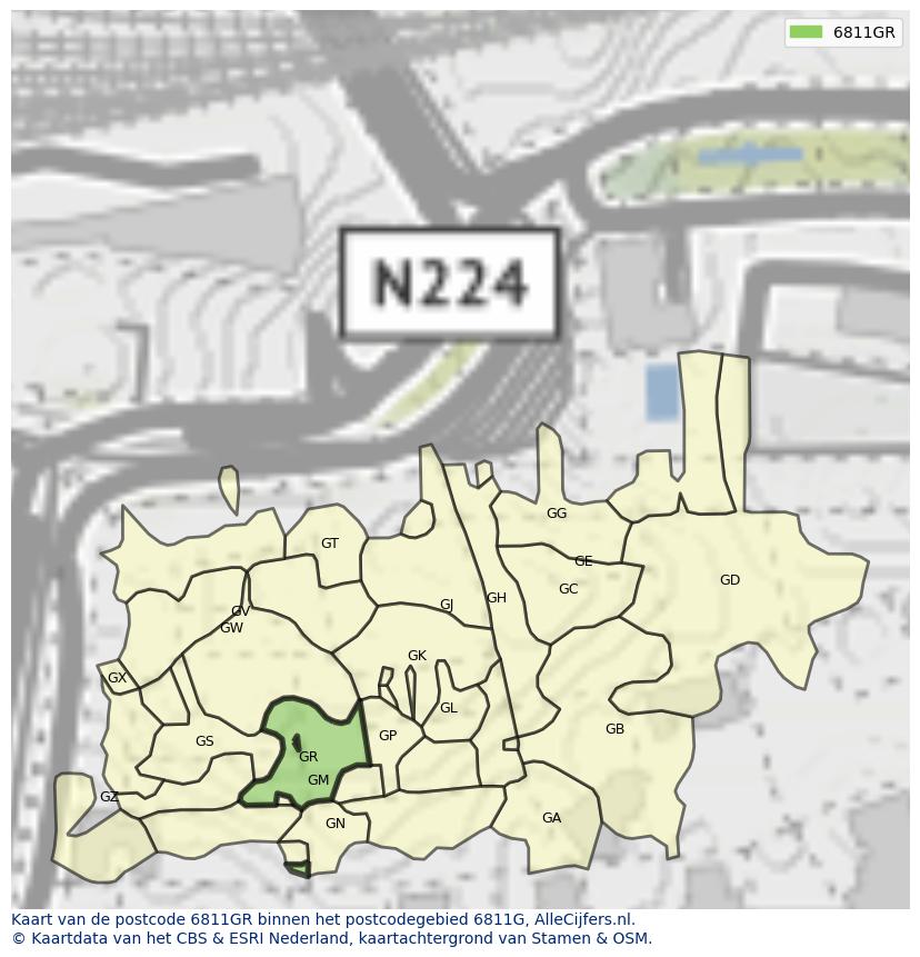 Afbeelding van het postcodegebied 6811 GR op de kaart.