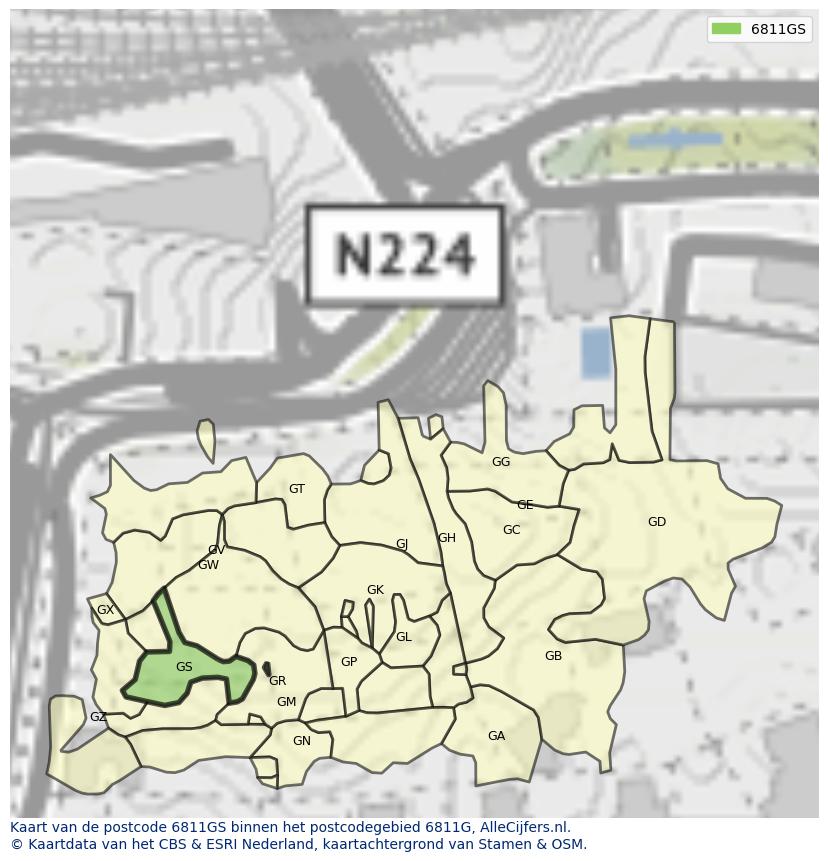 Afbeelding van het postcodegebied 6811 GS op de kaart.