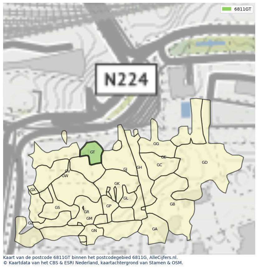 Afbeelding van het postcodegebied 6811 GT op de kaart.