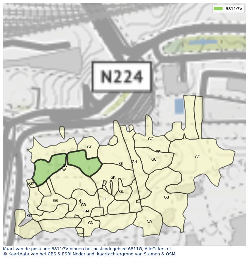 Afbeelding van het postcodegebied 6811 GV op de kaart.