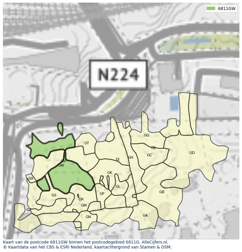 Afbeelding van het postcodegebied 6811 GW op de kaart.