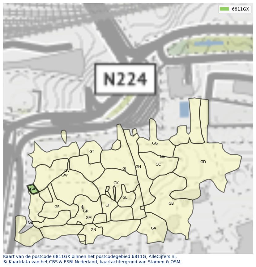 Afbeelding van het postcodegebied 6811 GX op de kaart.