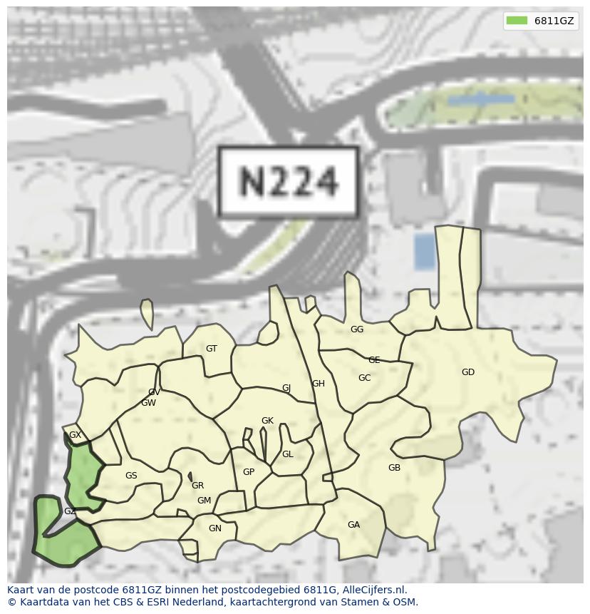 Afbeelding van het postcodegebied 6811 GZ op de kaart.