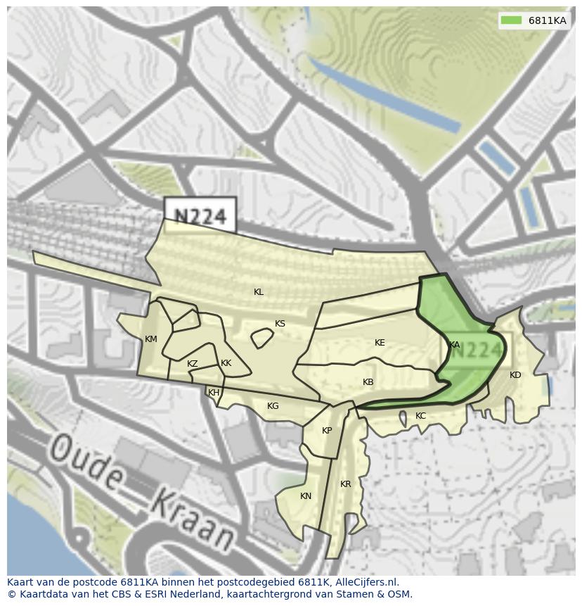 Afbeelding van het postcodegebied 6811 KA op de kaart.