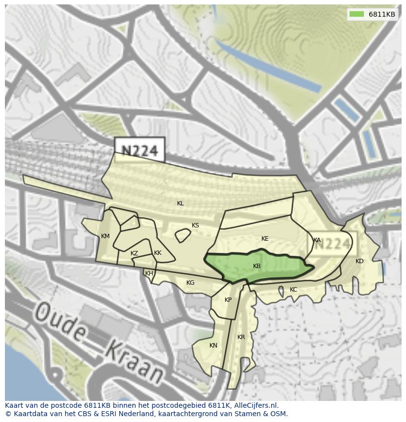 Afbeelding van het postcodegebied 6811 KB op de kaart.