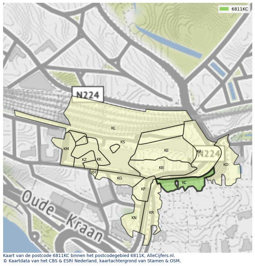 Afbeelding van het postcodegebied 6811 KC op de kaart.
