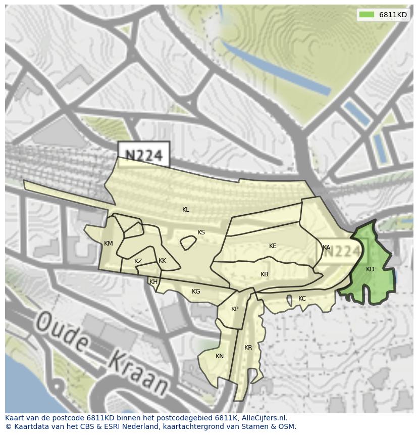 Afbeelding van het postcodegebied 6811 KD op de kaart.