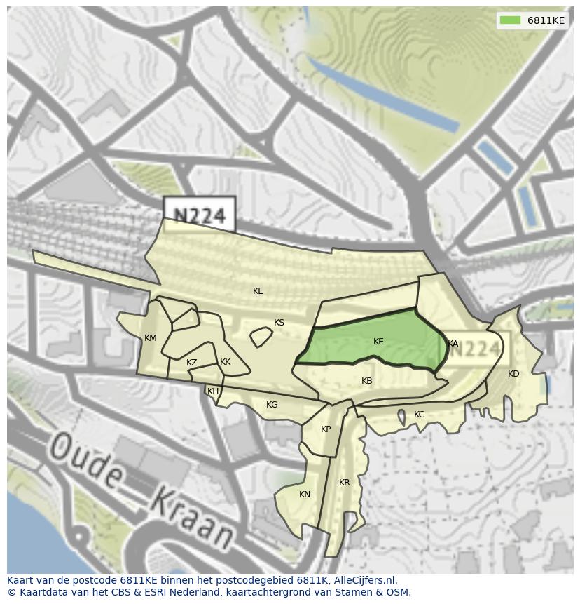 Afbeelding van het postcodegebied 6811 KE op de kaart.