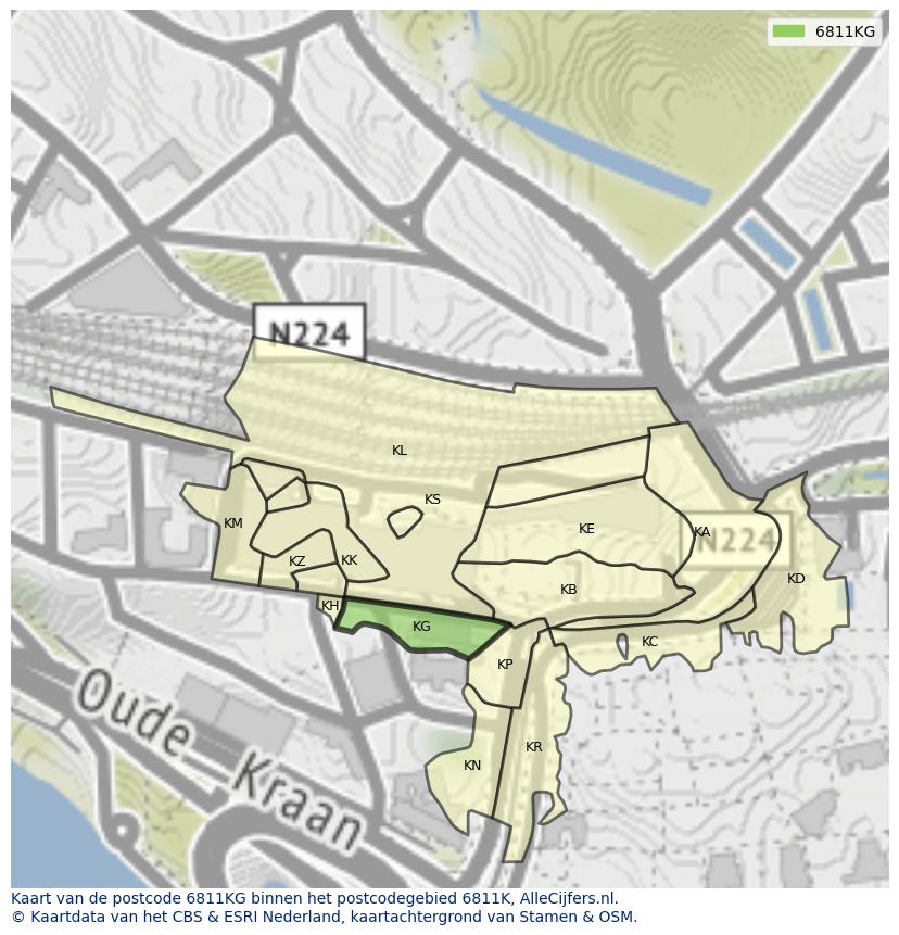Afbeelding van het postcodegebied 6811 KG op de kaart.