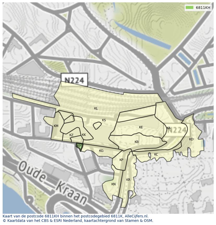 Afbeelding van het postcodegebied 6811 KH op de kaart.