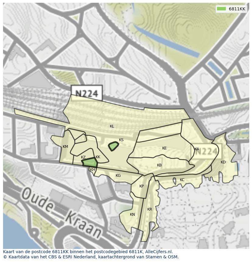 Afbeelding van het postcodegebied 6811 KK op de kaart.
