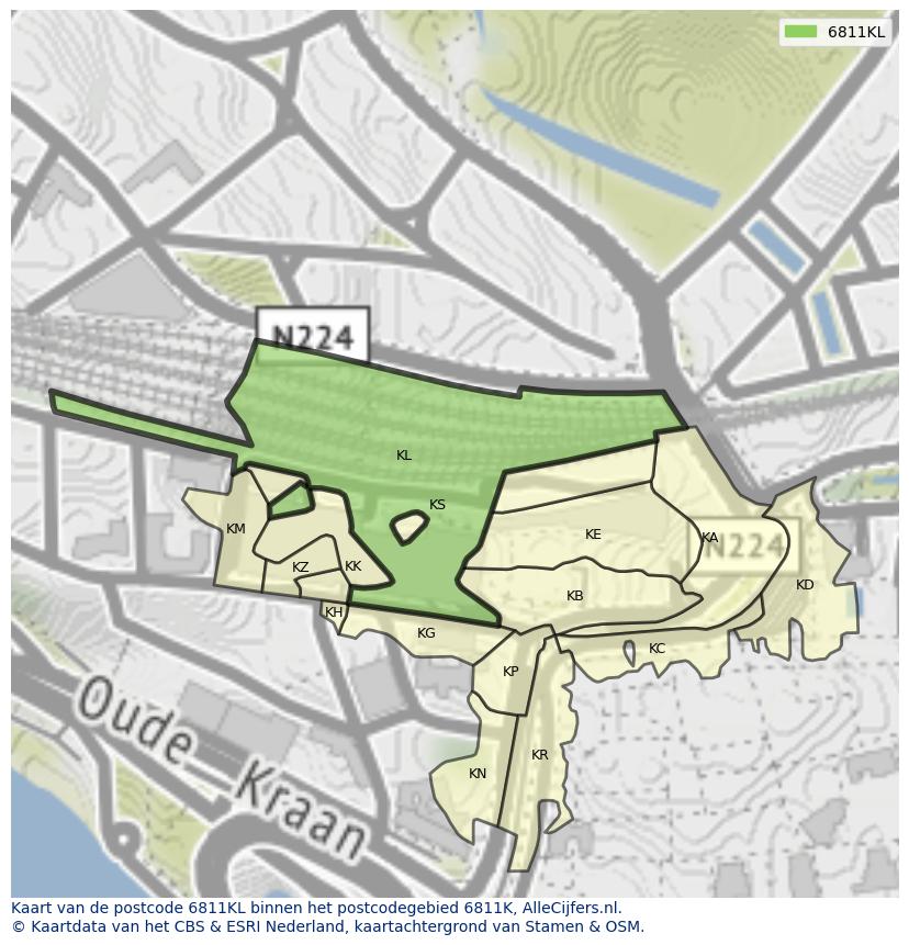 Afbeelding van het postcodegebied 6811 KL op de kaart.