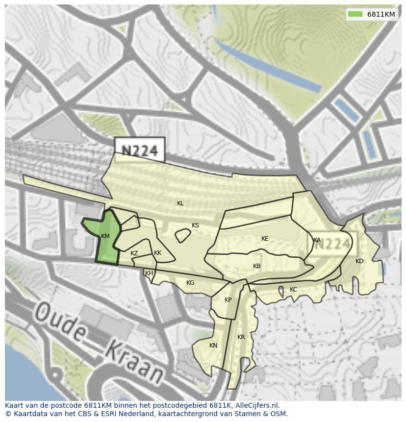 Afbeelding van het postcodegebied 6811 KM op de kaart.