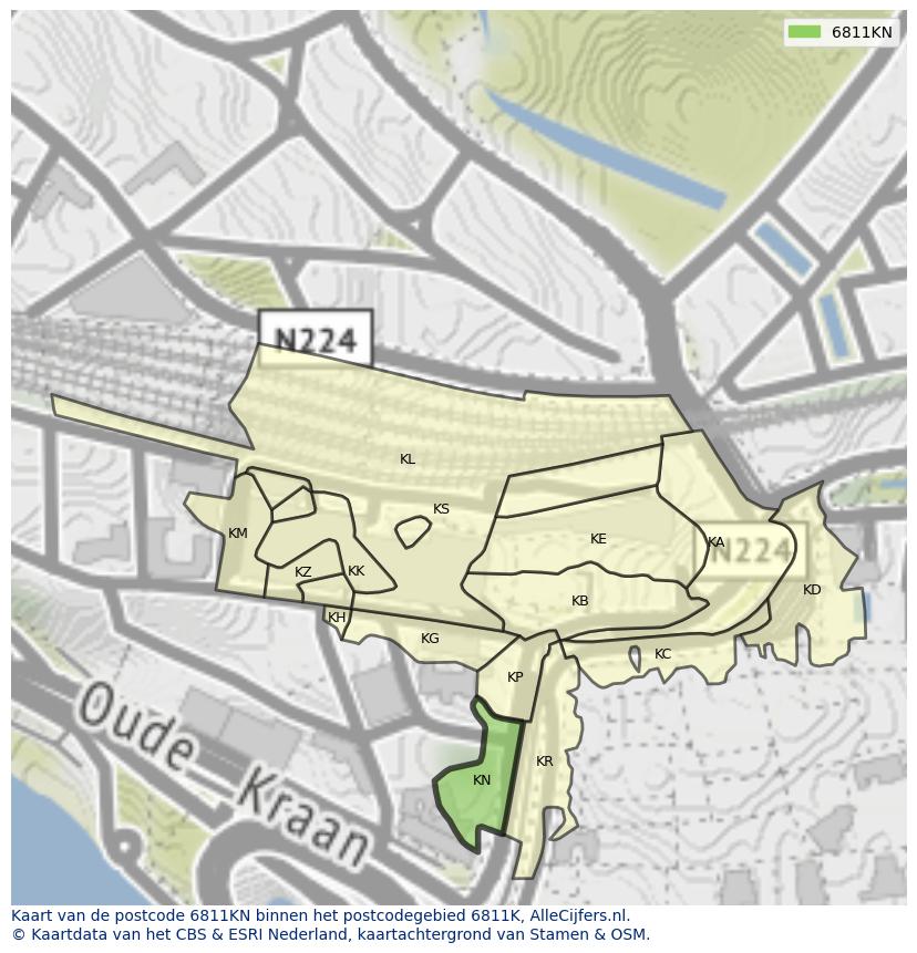 Afbeelding van het postcodegebied 6811 KN op de kaart.