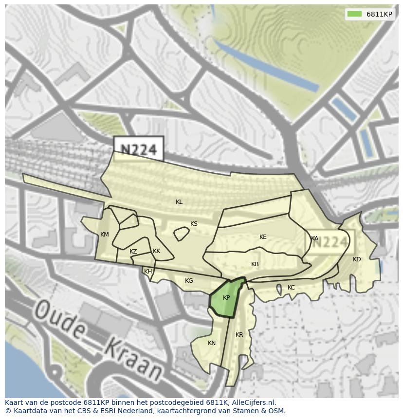 Afbeelding van het postcodegebied 6811 KP op de kaart.