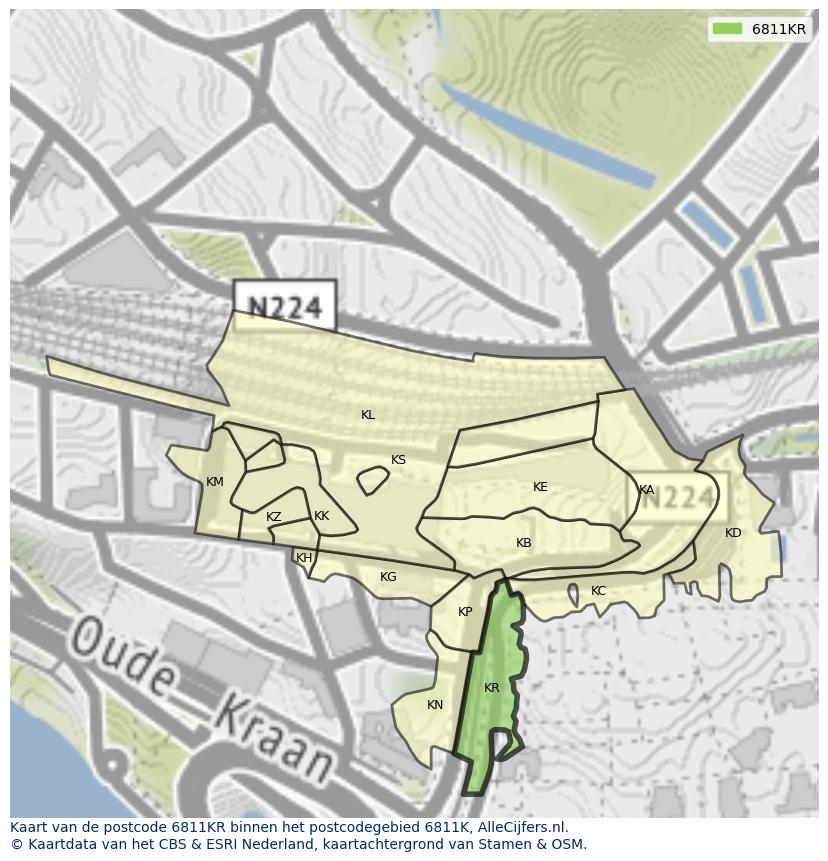 Afbeelding van het postcodegebied 6811 KR op de kaart.