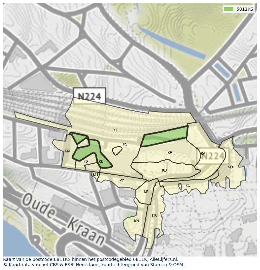Afbeelding van het postcodegebied 6811 KS op de kaart.