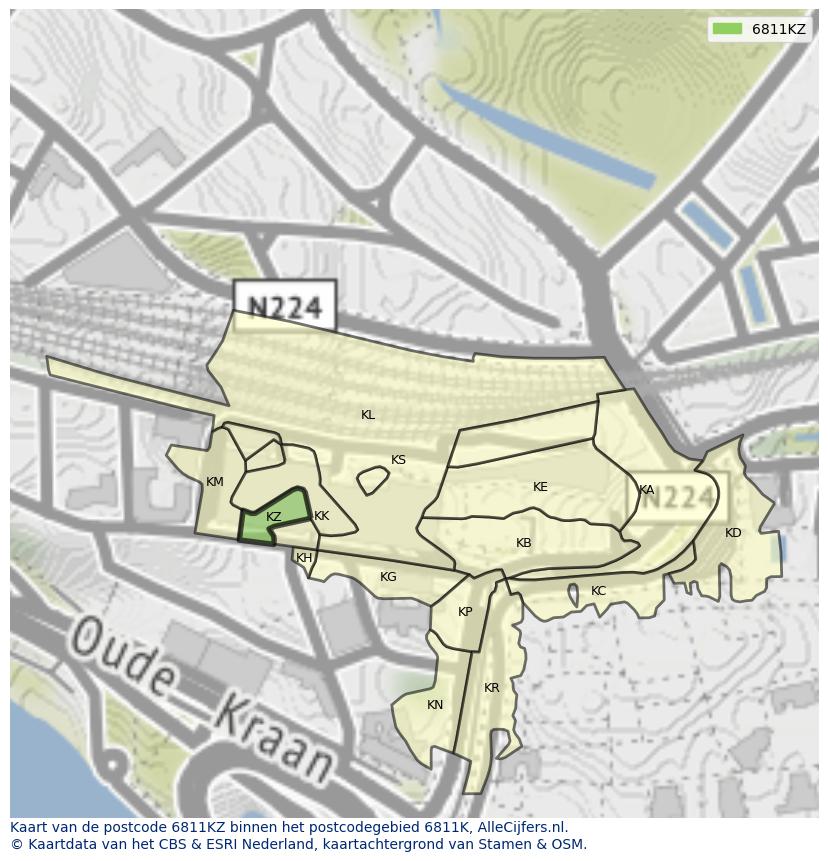 Afbeelding van het postcodegebied 6811 KZ op de kaart.