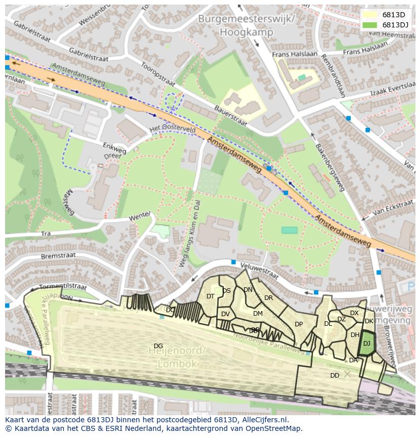 Afbeelding van het postcodegebied 6813 DJ op de kaart.