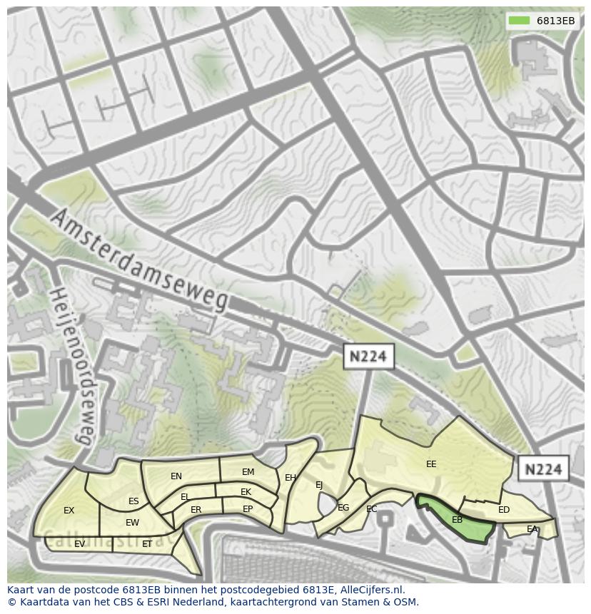 Afbeelding van het postcodegebied 6813 EB op de kaart.