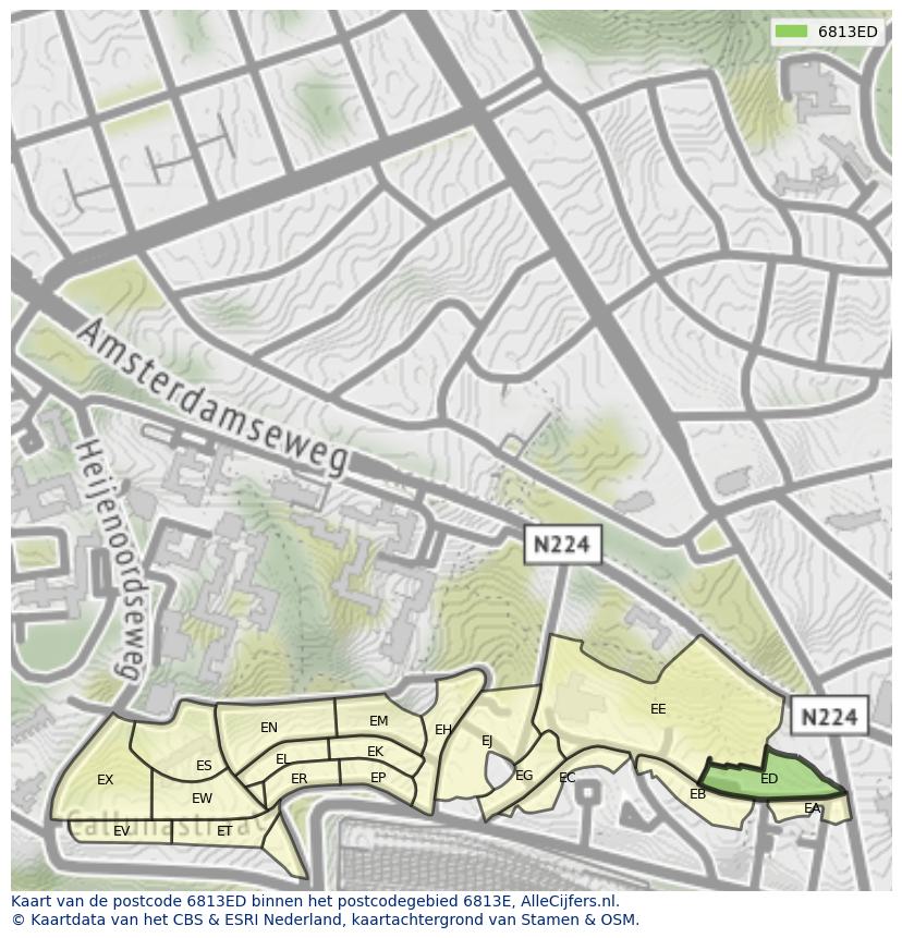 Afbeelding van het postcodegebied 6813 ED op de kaart.