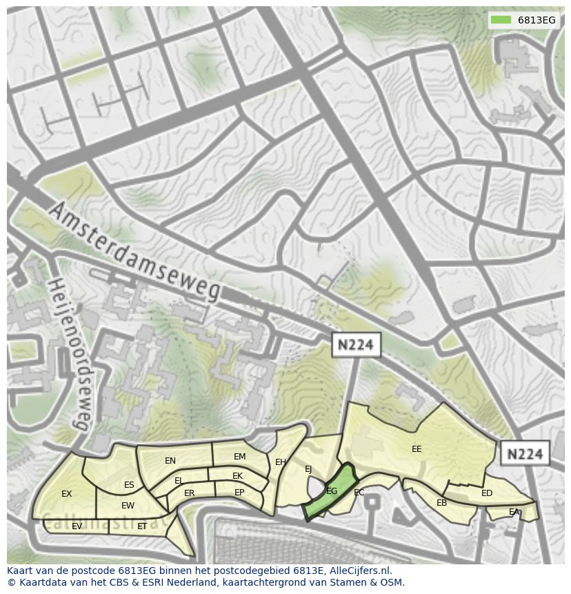 Afbeelding van het postcodegebied 6813 EG op de kaart.