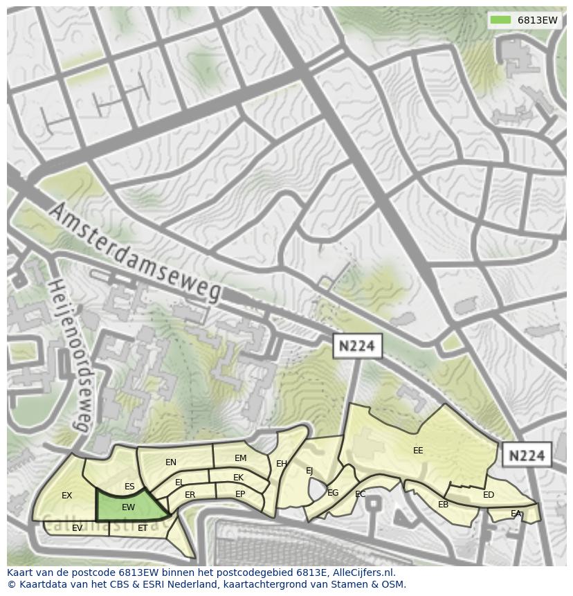 Afbeelding van het postcodegebied 6813 EW op de kaart.