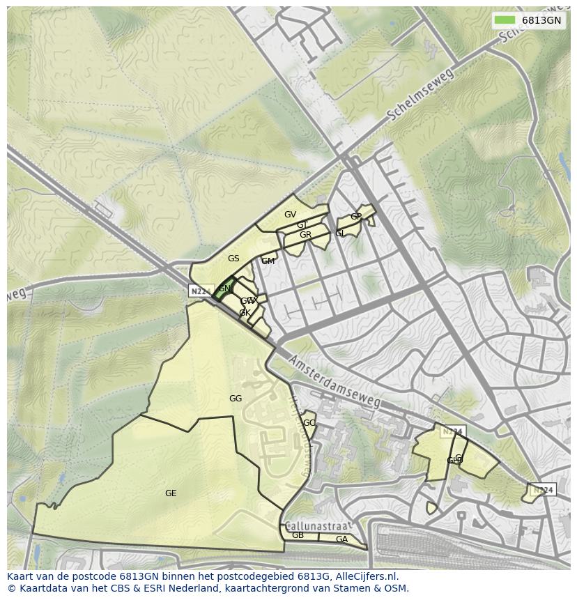 Afbeelding van het postcodegebied 6813 GN op de kaart.